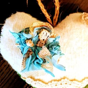 OOAK Handmade Puffed Heart Decoration Shabby Chic Boho  Ornament Holiday Gift